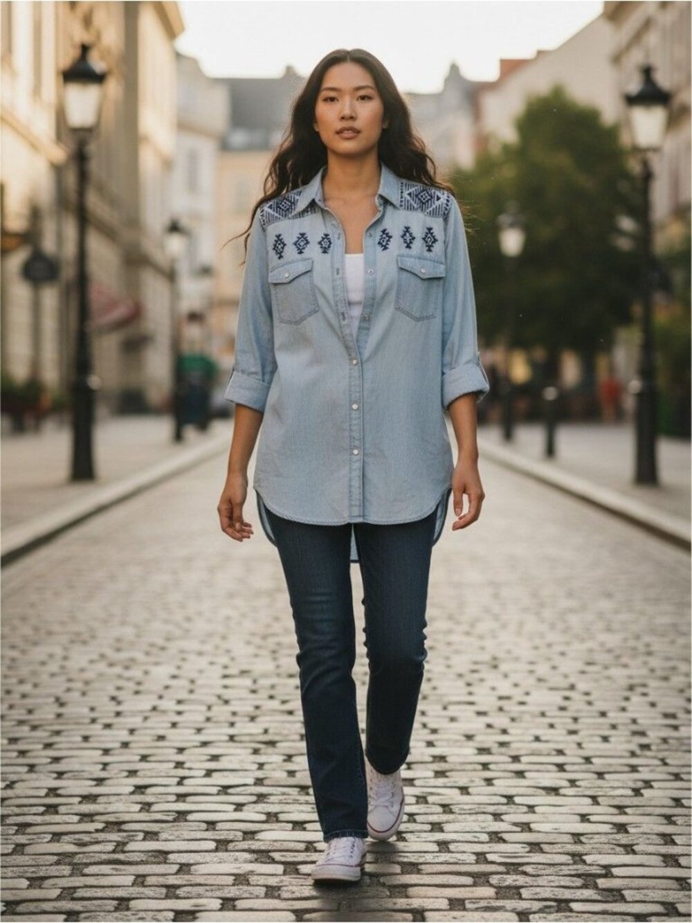 Torrid Womens Light Wash Denim Shirt With Navy Embroidered Back & Shoulders 2
